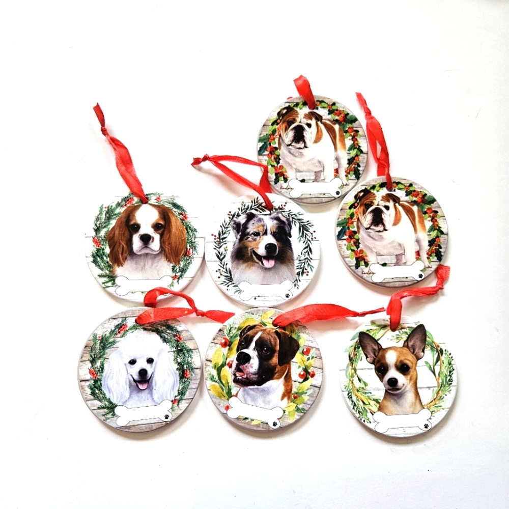 Dog Breed Christmas Ornaments with Red Ribbon. Set Of 7
